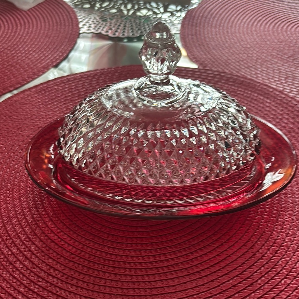 Crystal Glass Red Butter Dish with Red Base. Vintage Indiana Glass